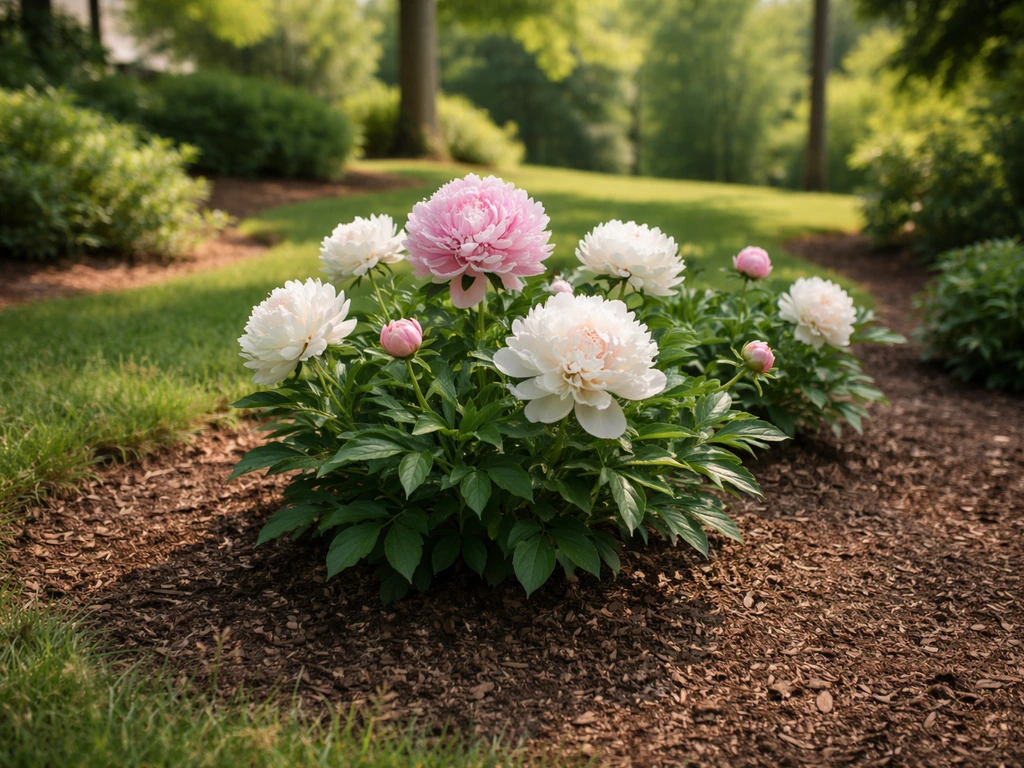 Pink and white peonies blooming in a mulched, well-drained garden bed in an Alabama backyard.