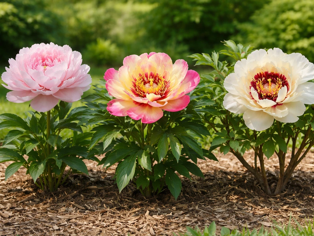 Side-by-side closeups of herbaceous, intersectional, and tree peony blooms on stems in garden light