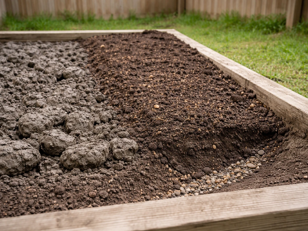 Raised bed in heavy clay soil with loosened earth and compost amendment showing drainage prep.