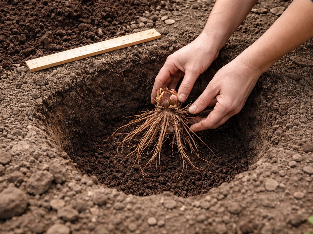 Bare-root peony crown set at correct depth inside a garden hole with soil and compost