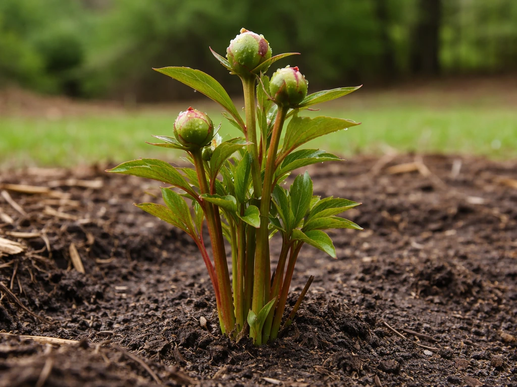 Close-up of healthy peony shoots and developing buds emerging from dark soil in early spring