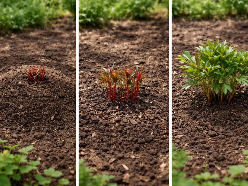 Three peony planting depth conditions in a garden bed: too deep, correct, and compacted/overfed look.