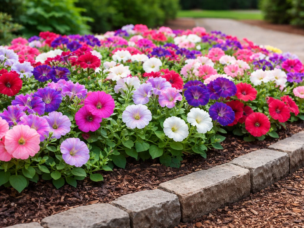 Lush in-ground petunia bed in full bloom, showing soil bed structure and vivid petals