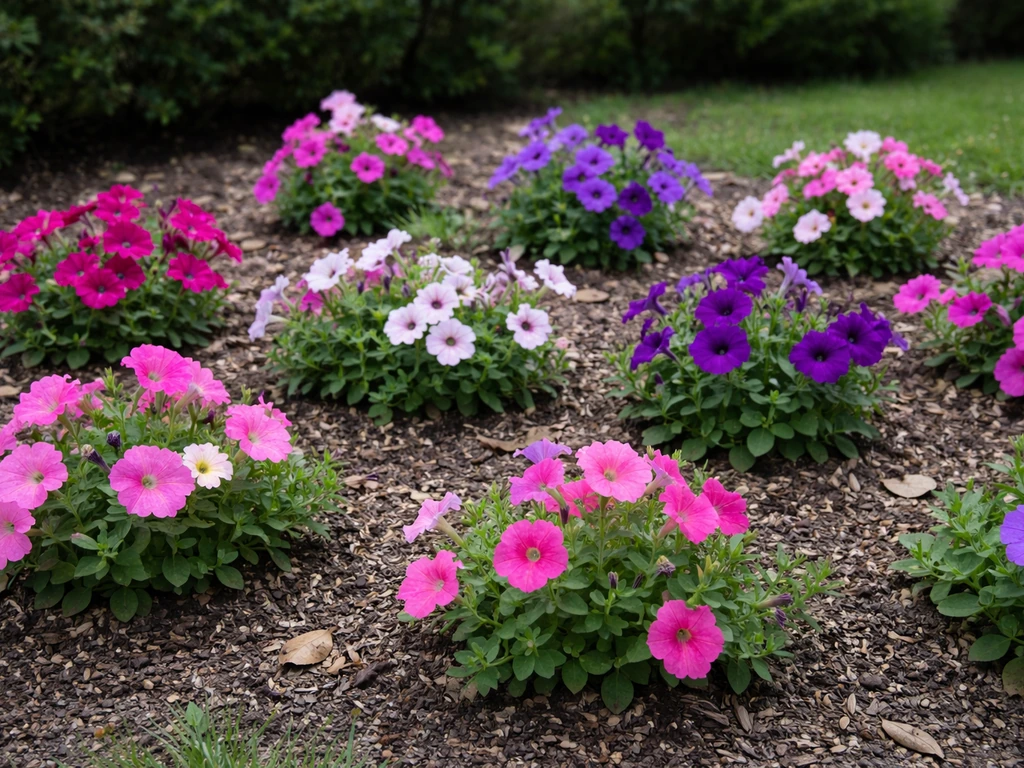 Colorful petunias in an open garden bed, showing healthy ground growth in natural outdoor light.