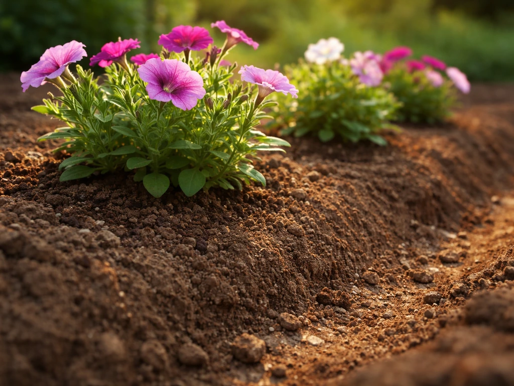 Sunlit petunias growing in raised, well-drained soil with visible drainage-friendly soil texture.