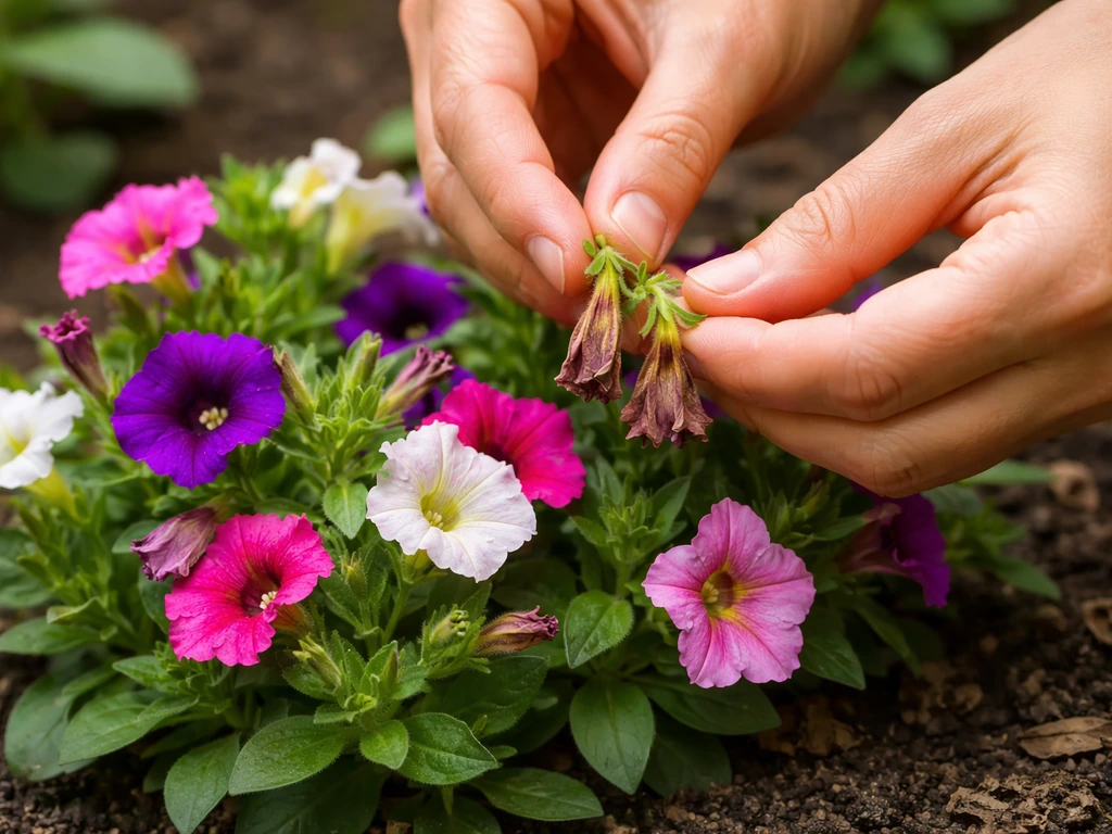 Close-up of hands removing spent petunia blossoms from a garden bed