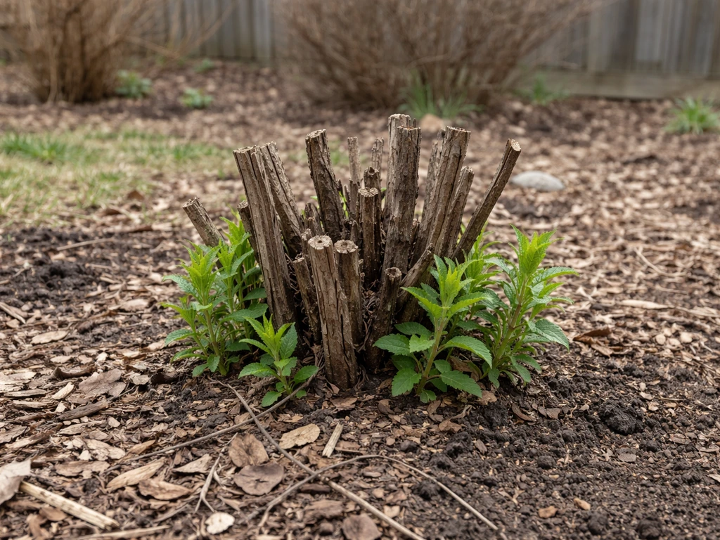 Butterfly bush base showing winter dieback with fresh green shoots emerging in spring.
