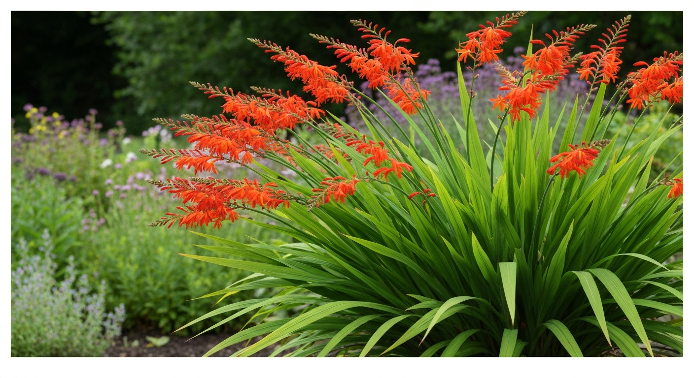 Montbretia (Crocosmia) clump with arching orange-red flower spikes in a sunny garden border.