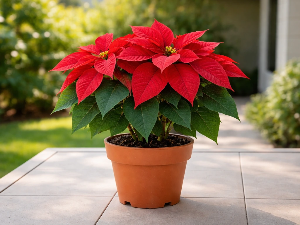 Healthy red poinsettia in a well-draining pot on an Australian patio table.
