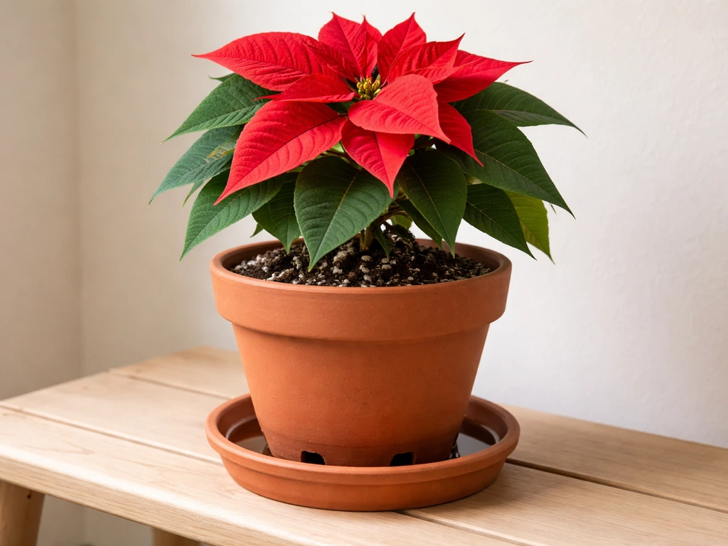 Close-up of a poinsettia in a pot with potting mix and a drainage tray under it.