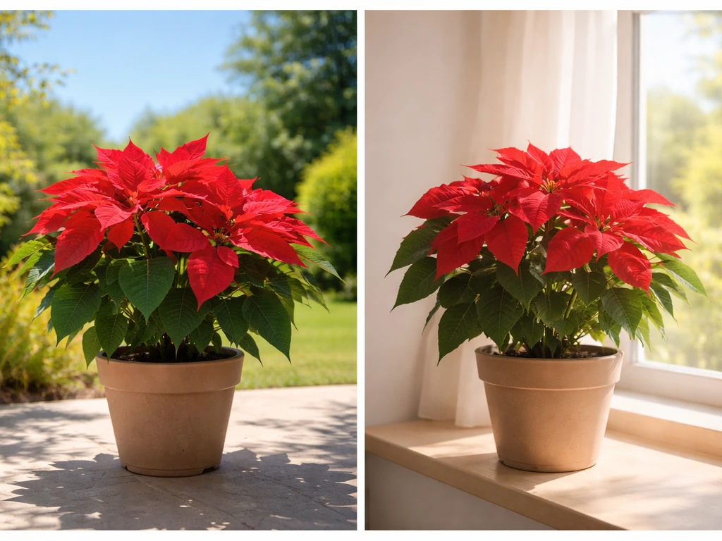 Split scene showing poinsettia in direct outdoor sun and another near an indoor window with bright light.