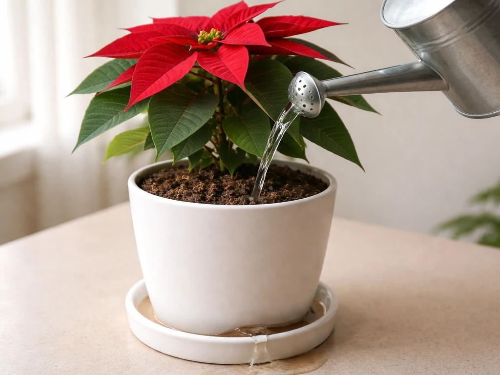 Poinsettia in a pot being watered until water drips from the drainage holes, excess draining away.