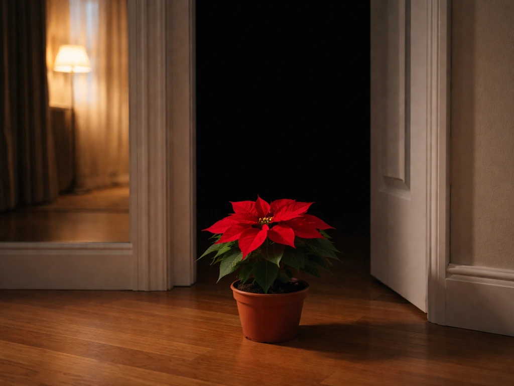 Poinsettia plant moved into a dark closet each evening, with warm outdoor light outside the door
