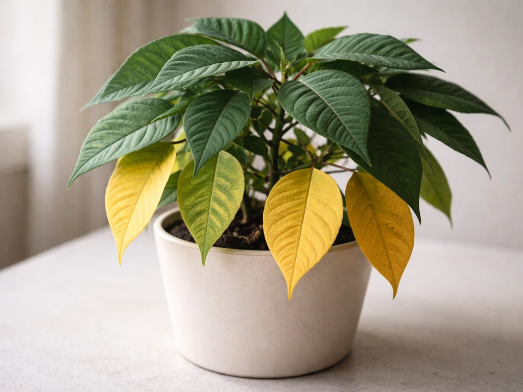 Poinsettia with yellowing lower leaves and darker green upper leaves, suggesting overwatering stress.
