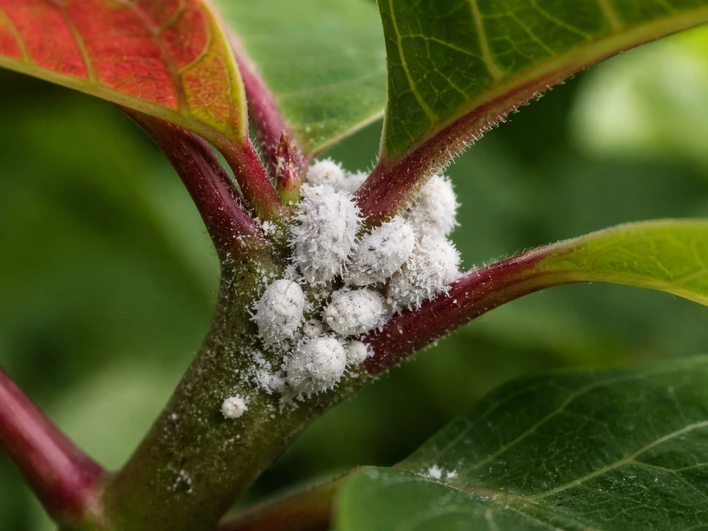 Macro closeup of cottony white mealybugs clustered on a poinsettia stem and leaf axil.