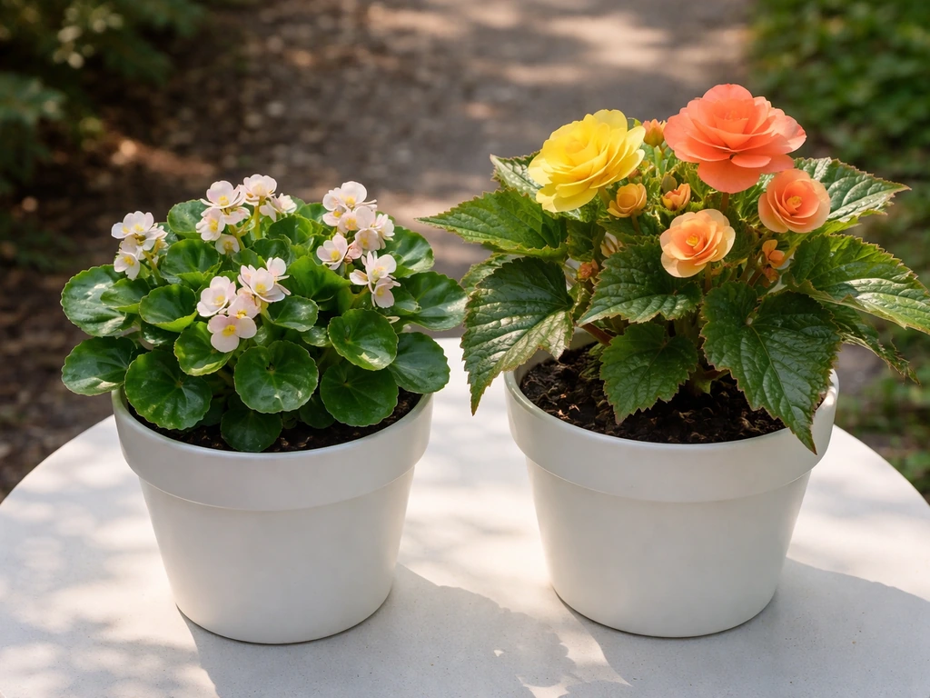 Two potted begonias side by side: compact wax begonia and fuller tuberous begonia with different leaf textures.