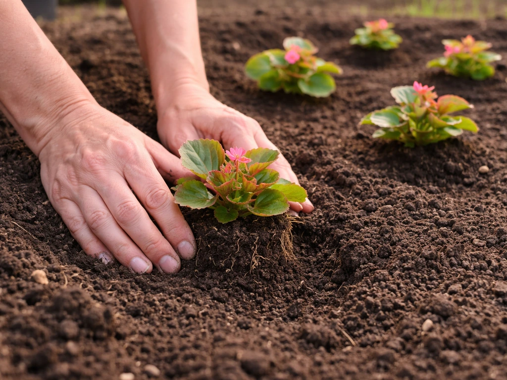 Hands place a begonia transplant into prepared soil, with clear roots contact and visible spacing.