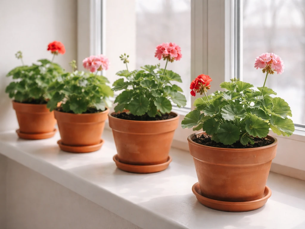 Row of healthy potted geraniums on a windowsill with bright winter light and a few small blooms.