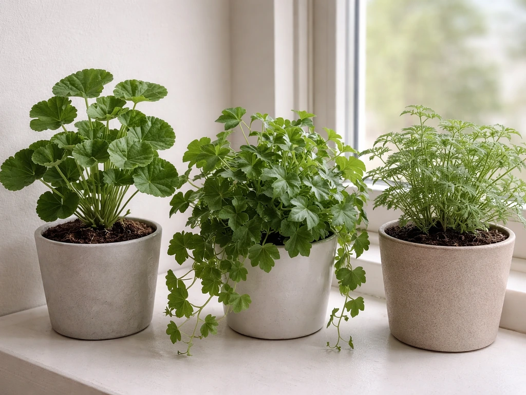 Three potted geranium types—zonal, ivy-leaf, and scented—on a simple indoor windowsill.