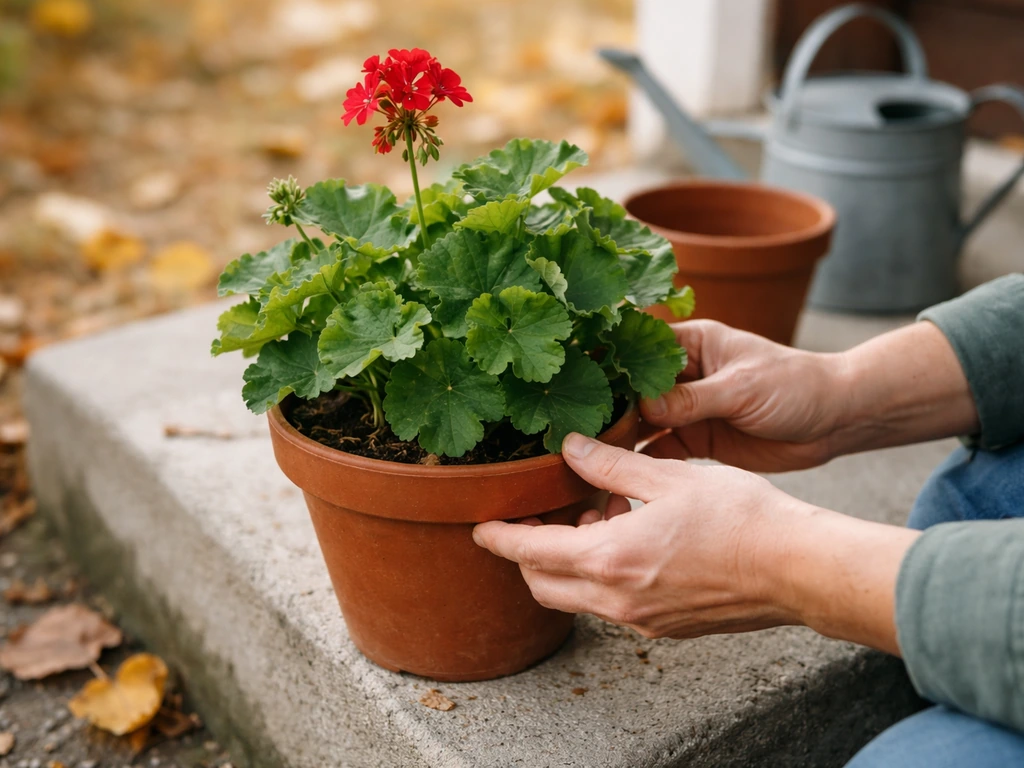 Gardener’s hands inspect a potted geranium’s leaves and pot before bringing it inside.