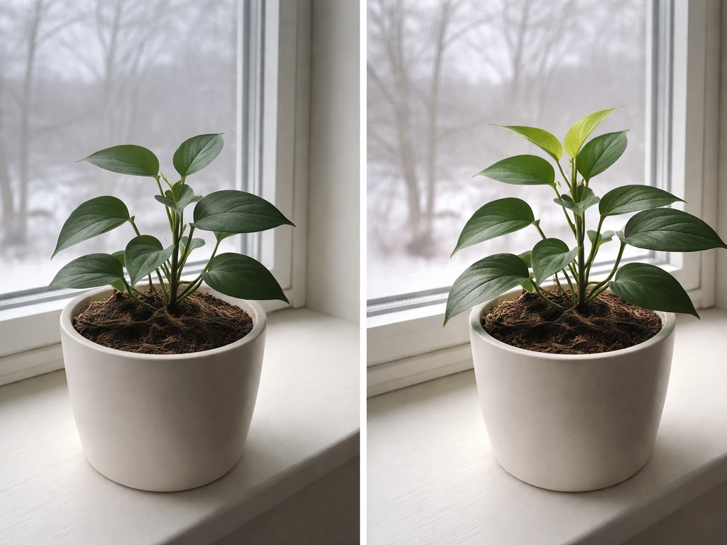 Potted houseplant under winter light, then new spring growth emerging after fertilizer delay.