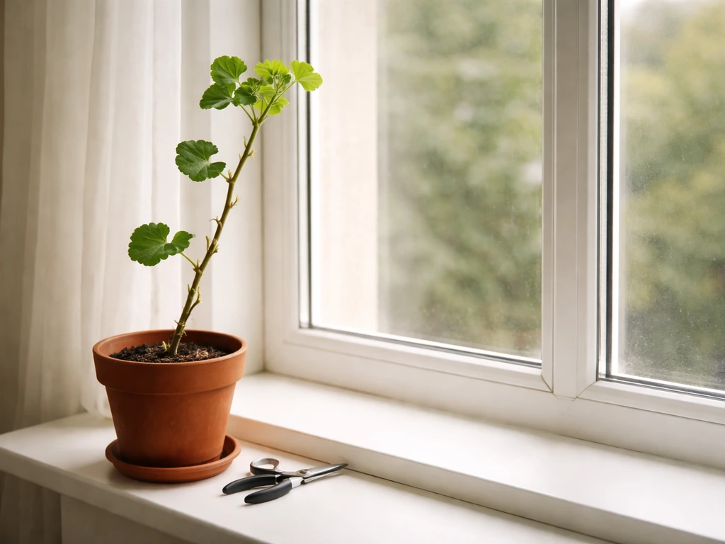 Leggy winter geranium in a pot by a bright window, with pruners nearby on a clean sill.