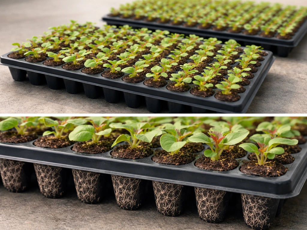 Close-up of begonia plug trays with small rooted plants in individual cells and compact root balls