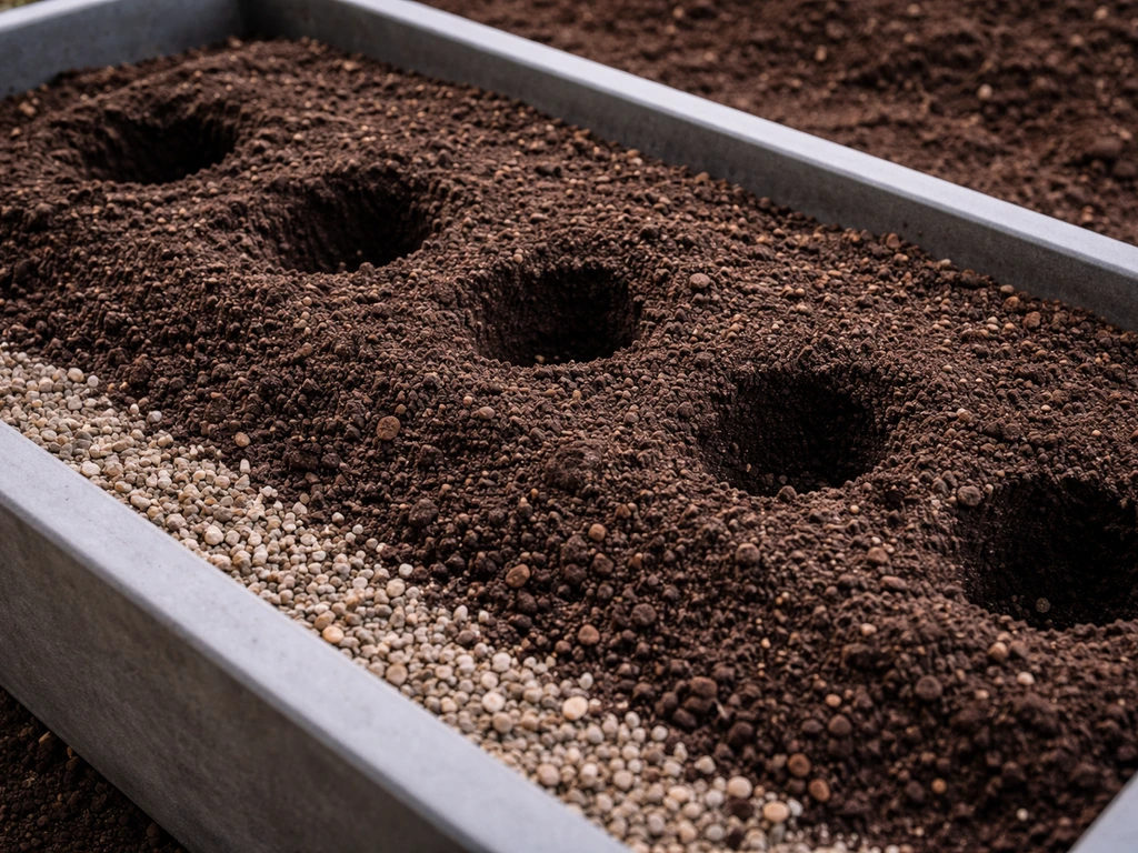Raised bed planter with visible gravel drainage layer and spaced holes in prepared compost before planting plugs.