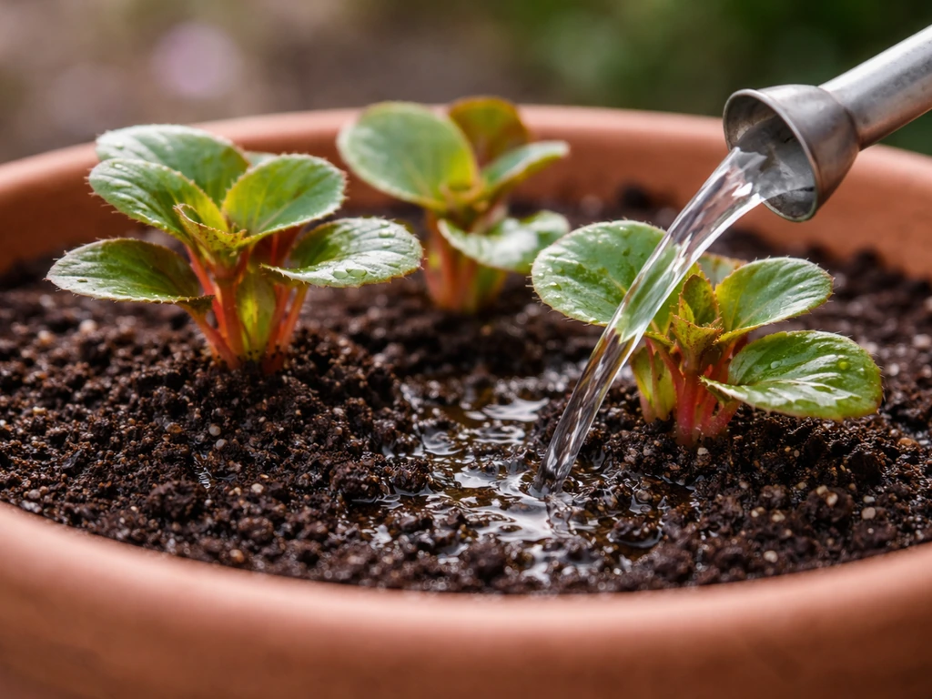 Gentle watering at the base of newly planted begonia plugs, keeping the soil evenly moist.