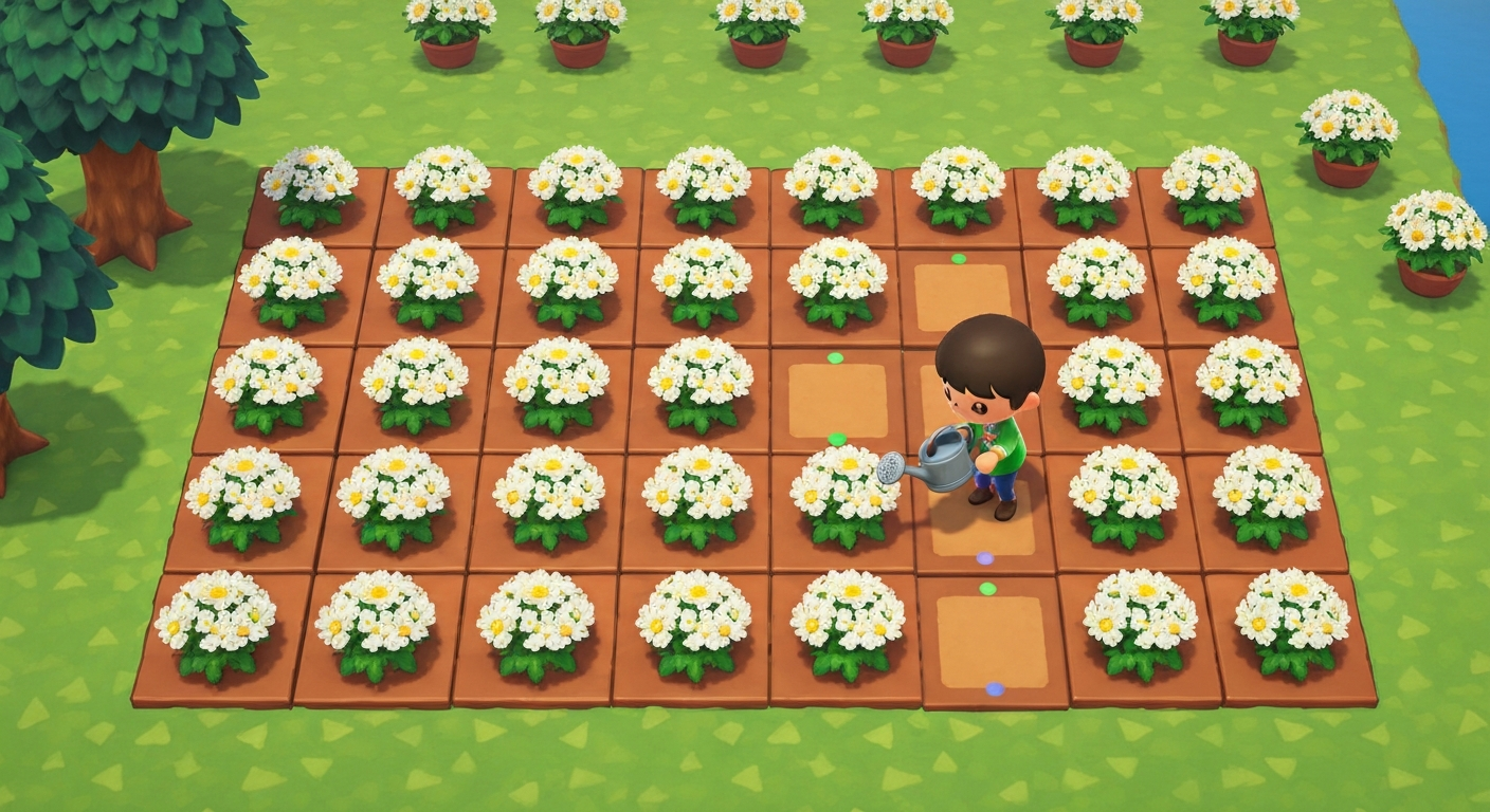 Top-down cozy island garden illustration showing a 5x5 checkerboard mum farm (white mums on alternating tiles, empty spawn tiles between them) with a generic avatar watering the patch.