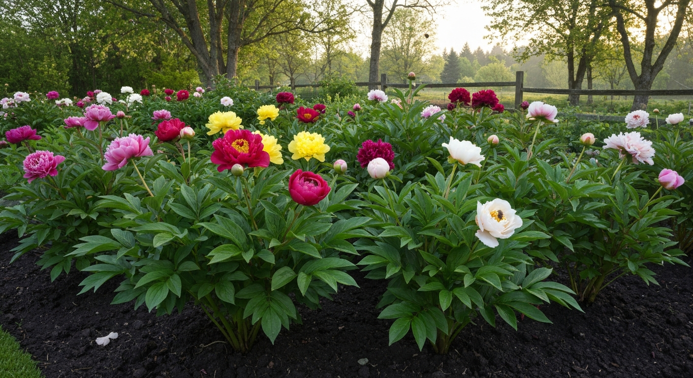 Lush peony border in bloom in an Oregon garden with mixed peony varieties in late spring.