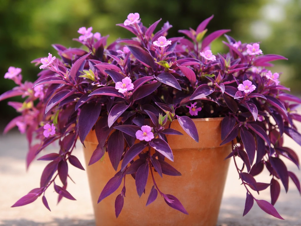 Vibrant Purple Queen tradescantia with deep purple trailing leaves and new growth in bright sunlight.