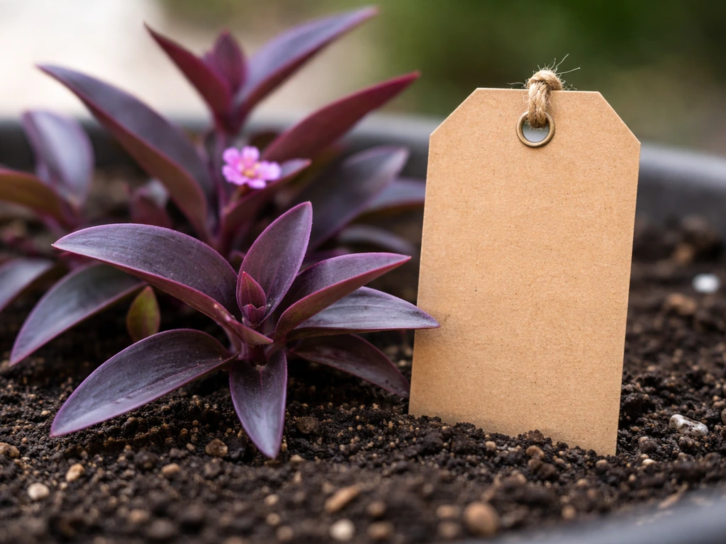 Close-up of Tradescantia pallida purple leaves beside a blank nursery tag on potting soil.