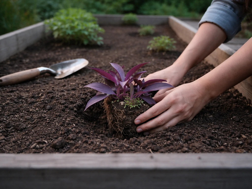 Hands transplanting a purple Tradescantia into a raised bed with visible spacing between plants.
