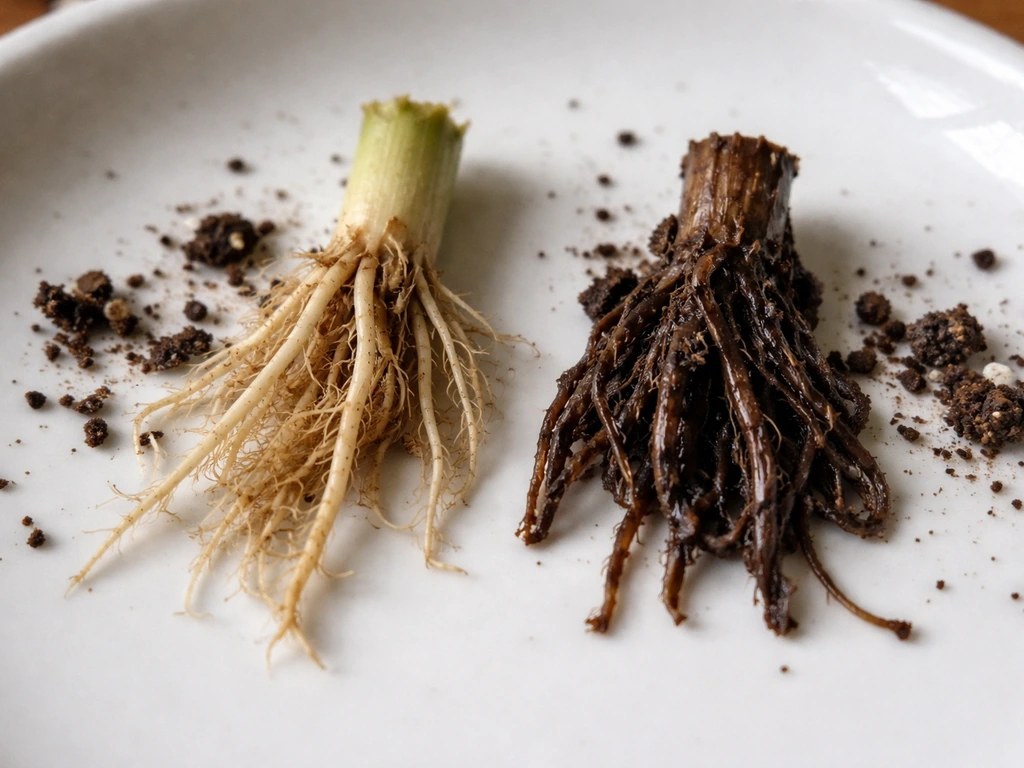 Side-by-side close-up of firm tan roots vs brown mushy rotted roots on a white plate.