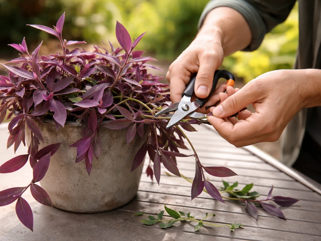 Close-up of a gardener trimming leggy stems on a compact Purple Queen plant in summer light