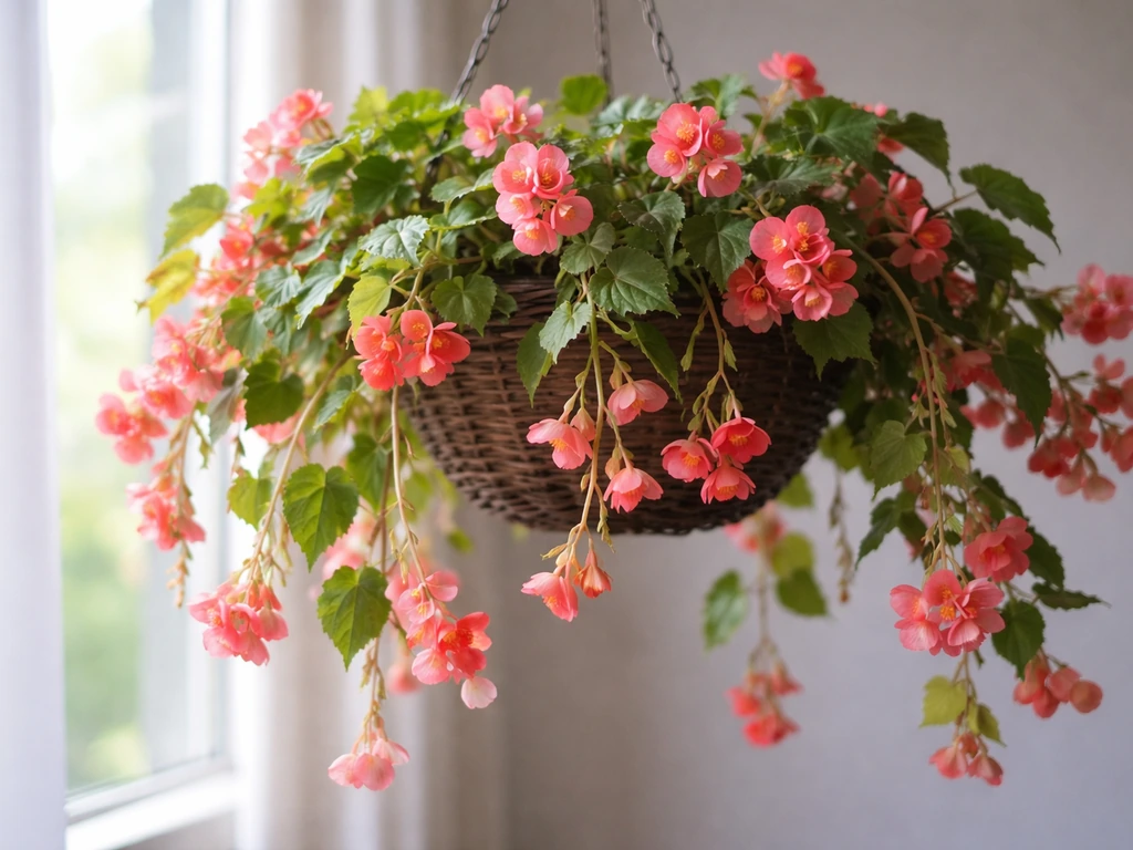 Bright cascading begonia with trailing stems and pink blooms in a hanging basket by a window