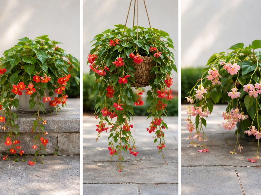 Close-up of three begonias in a minimal garden scene showing trailing, hanging, and arched stems.