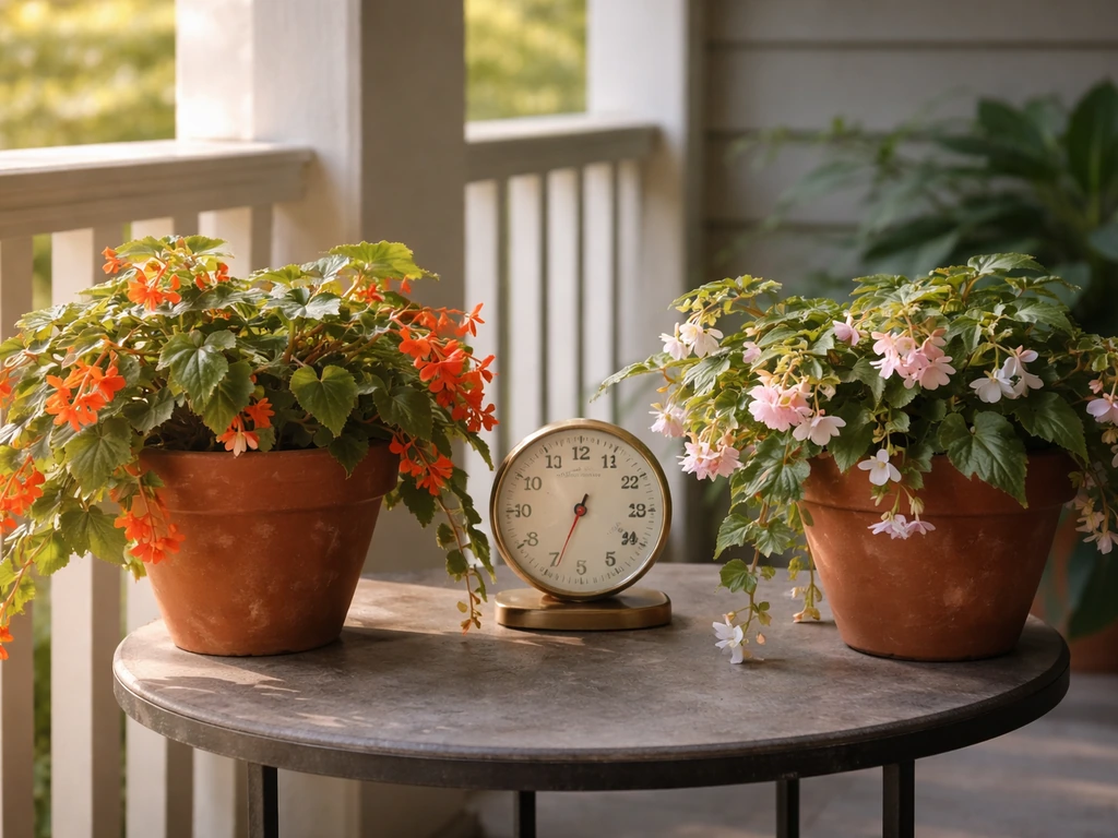 Potted trailing begonias on a porch near a thermometer, showing warm and cool placement contrast.
