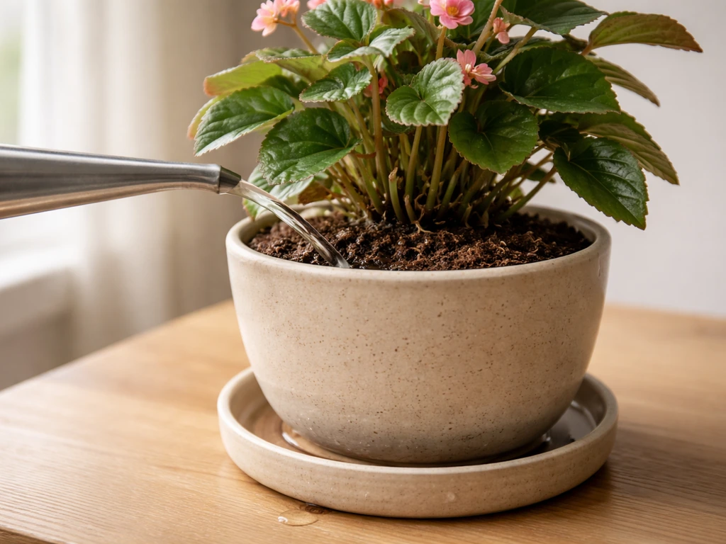Close-up watering a potted begonia at the soil base; water soaks in while excess drains out.