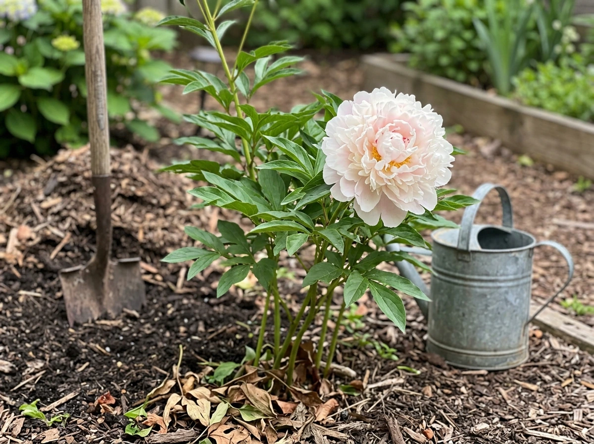 Chinese peony in bloom with gardener planting care setup in the background