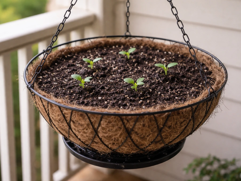 Hanging 14-inch basket filled with lush potting mix and a couple of green seedlings, showing drainage holes