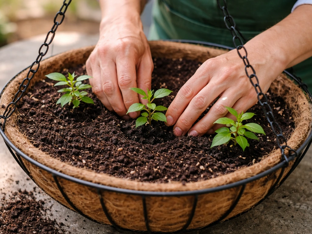 Hands placing several fuchsia nursery starts into a hanging basket at even spacing
