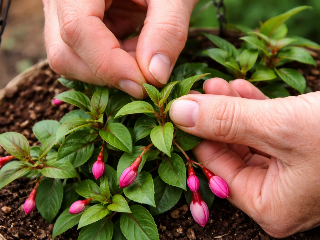 Gardener pinches the growing tips of fuchsia stems in a hanging basket to encourage bushy trailing growth.