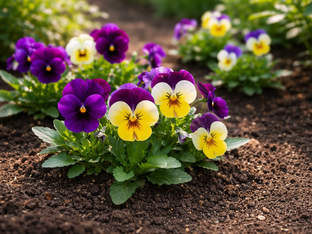 Vivid pansies blooming in a cool-weather garden bed with clear sunlit soil and tidy spacing