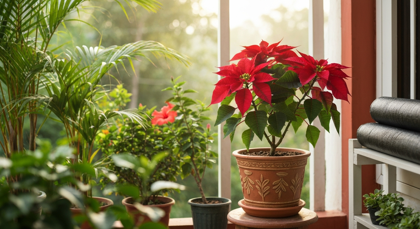 Vibrant red poinsettia in a terracotta pot on a Filipino veranda with tropical plants and folded blackout cloth visible nearby.