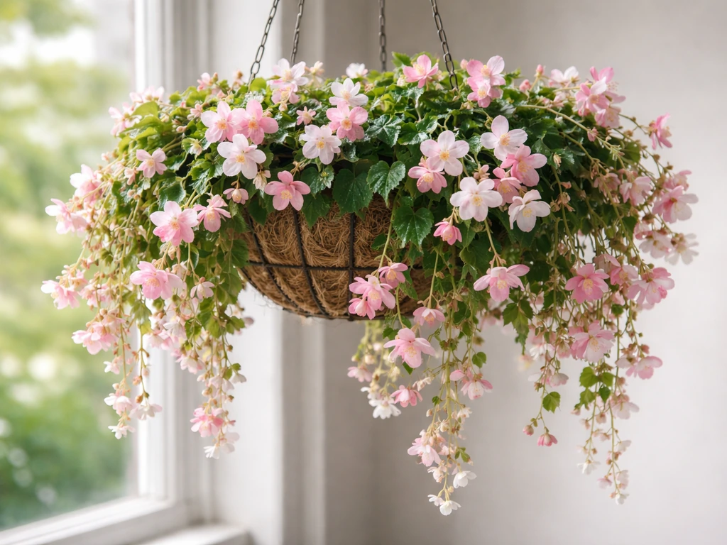 Blooming trailing begonias cascading from a hanging basket in bright filtered light.