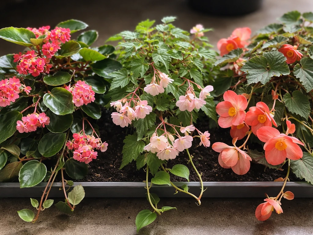 Close-up of several trailing begonia varieties with distinct leaves and blooms in a simple indoor pot arrangement.