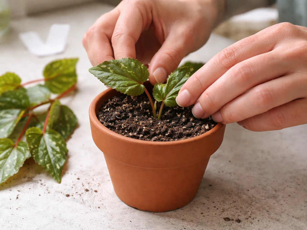 Close-up of a hand placing short begonia tip cuttings into a small pot with rooting mix.