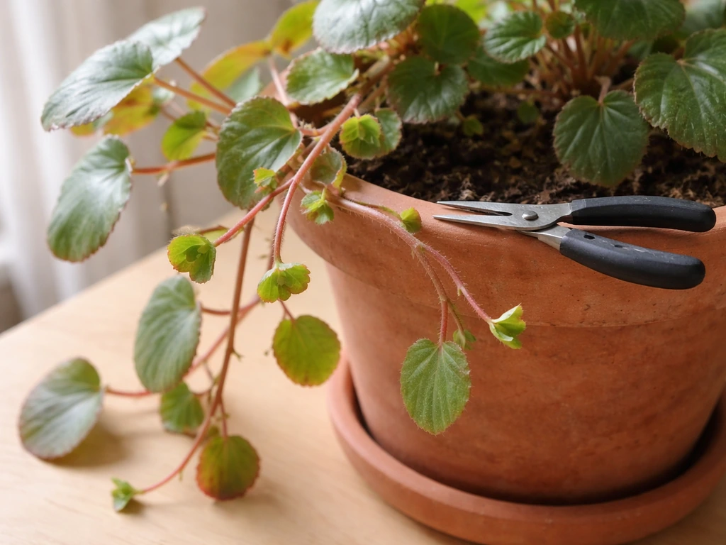 Close-up of trimmed begonia trailing stems with pinched tips and fresh pruning snips on a windowsill.